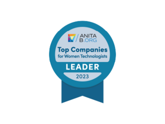 A blue circle with the words "AnitaB.org Top Companies for Women Technologists 2023 Leader"