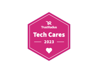 A pink hexagon with the text "TrustRadius Tech Cares 2023" and a heart