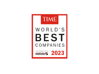 A red and black badge with the words "Time World's Best Companies 2023" on a white background