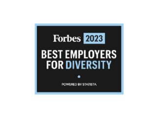 A black and blue square graphic with the words "Forbes 2023 Best Employers for Diversity