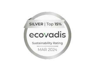 A silver EcoVadis Sustainability Rating medal with a green ribbon.