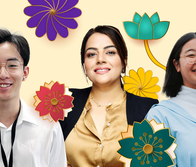 Images of three UKG employees on floral background