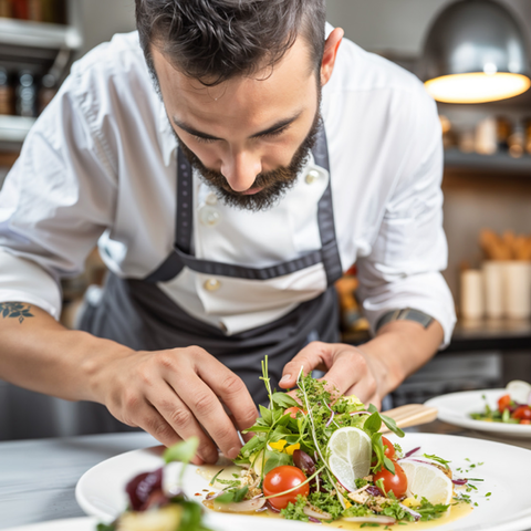 A chef carefully arranges a salad on a plate in a commercial kitchen.