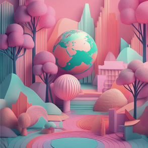  A 3D rendering of a city with pink trees, blue buildings, and a large blue and green globe.