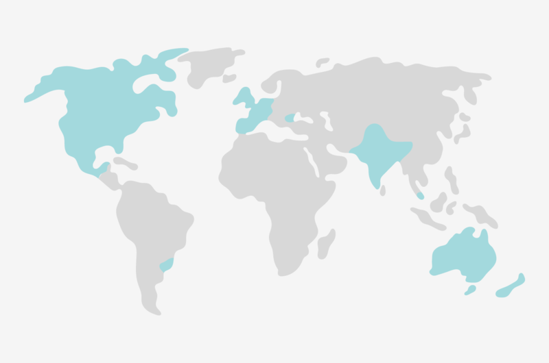  A stylized world map with several large landmasses highlighted in blue.