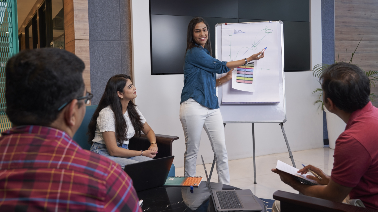 A woman is standing in front of a whiteboard giving a presentation to three colleagues.