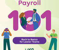 Smiling man and woman shake hands in front of large purple Payroll 101.